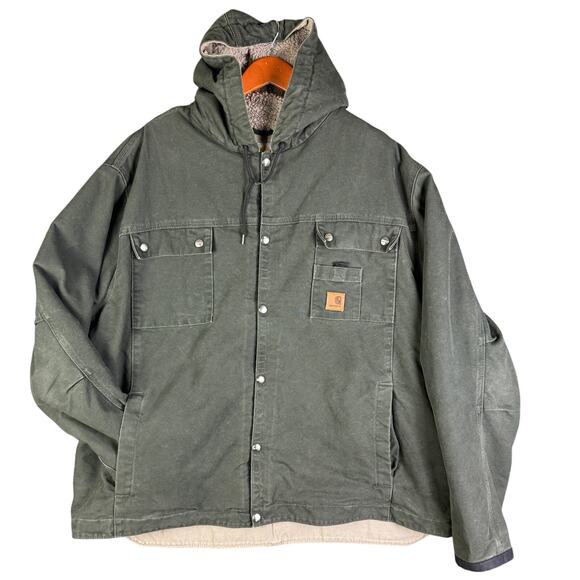 Carhartt Duck Canvas Sherpa Lined Button Snap Hooded‎ Jacket Moss Green 2XL XXL - Picture 1 of 9